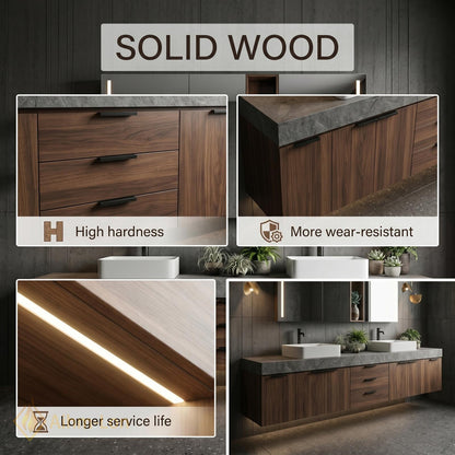 60''-96'' Double Bathroom Vanity with Sink Stone Slab Deep Drawer Charcoal Finish