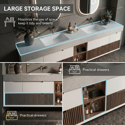76''-96'' Double Bathroom Vanity with Sink Concrete Top Slatted Base Open Shelving