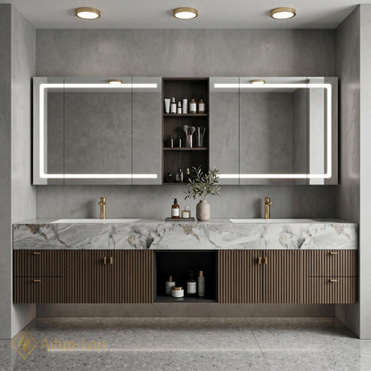 70''-96'' Bathroom Vanity with Sink Modern Floating White Marble Pattern Top Slatted