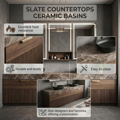 60''-96'' Modern Bathroom Vanity with Sink Double Sink Dark Walnut Slatted Marble Pattern Cabinet