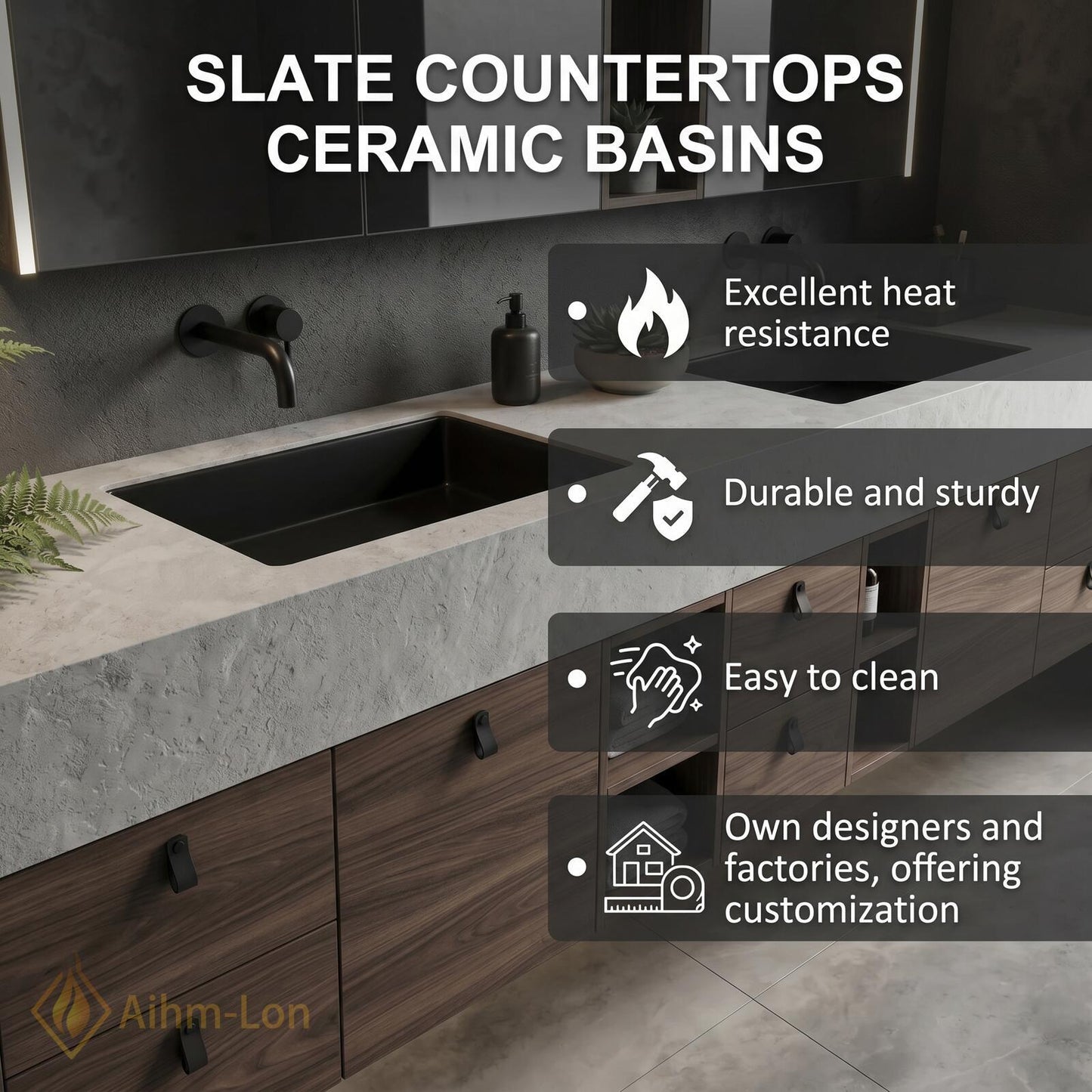 70''-96'' Double Bathroom Vanity with Sink Modern Floating Grey Stone Top Shelving