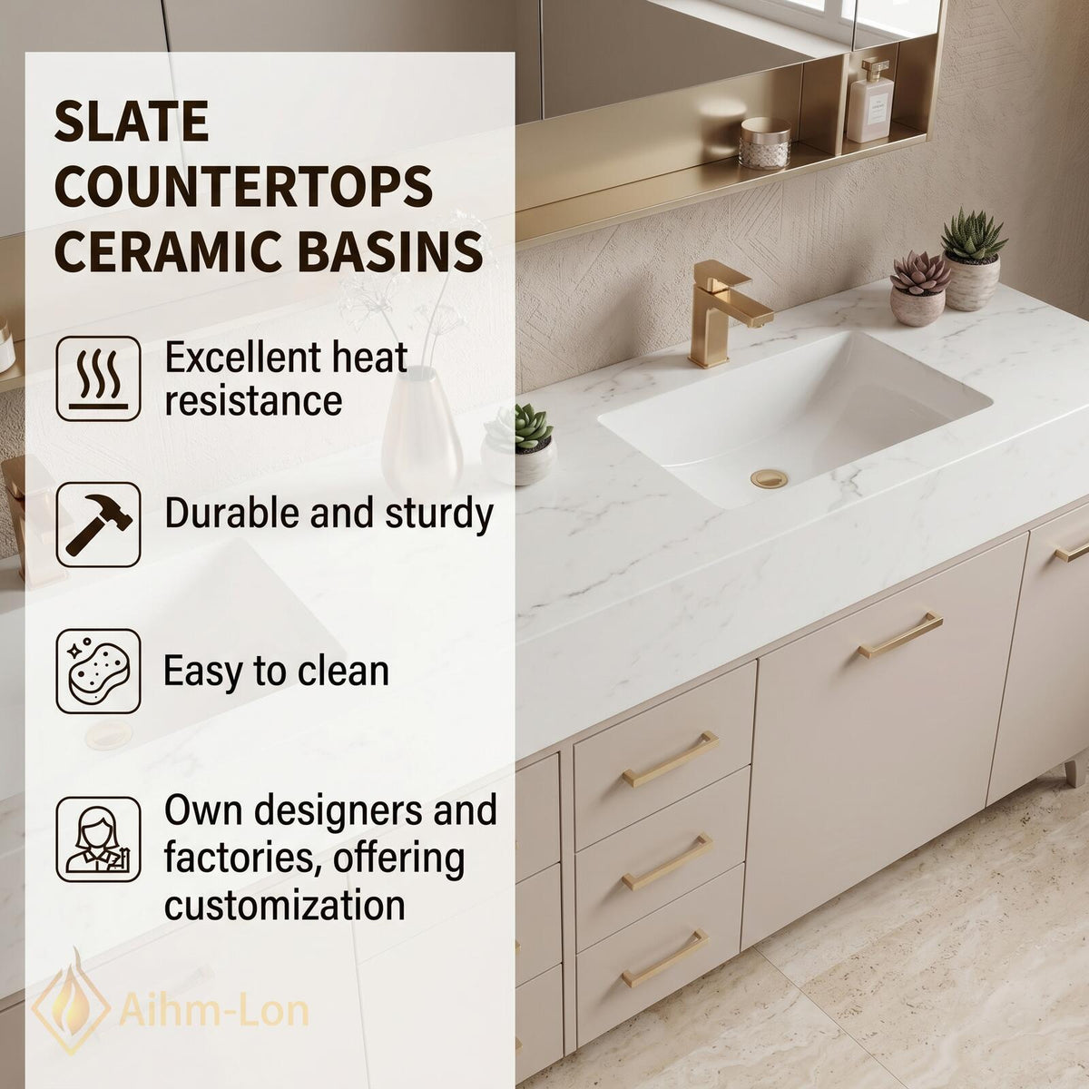 60''-96'' Double Bathroom Vanity with Sink Modern Matte Beige Finish Solid Leg