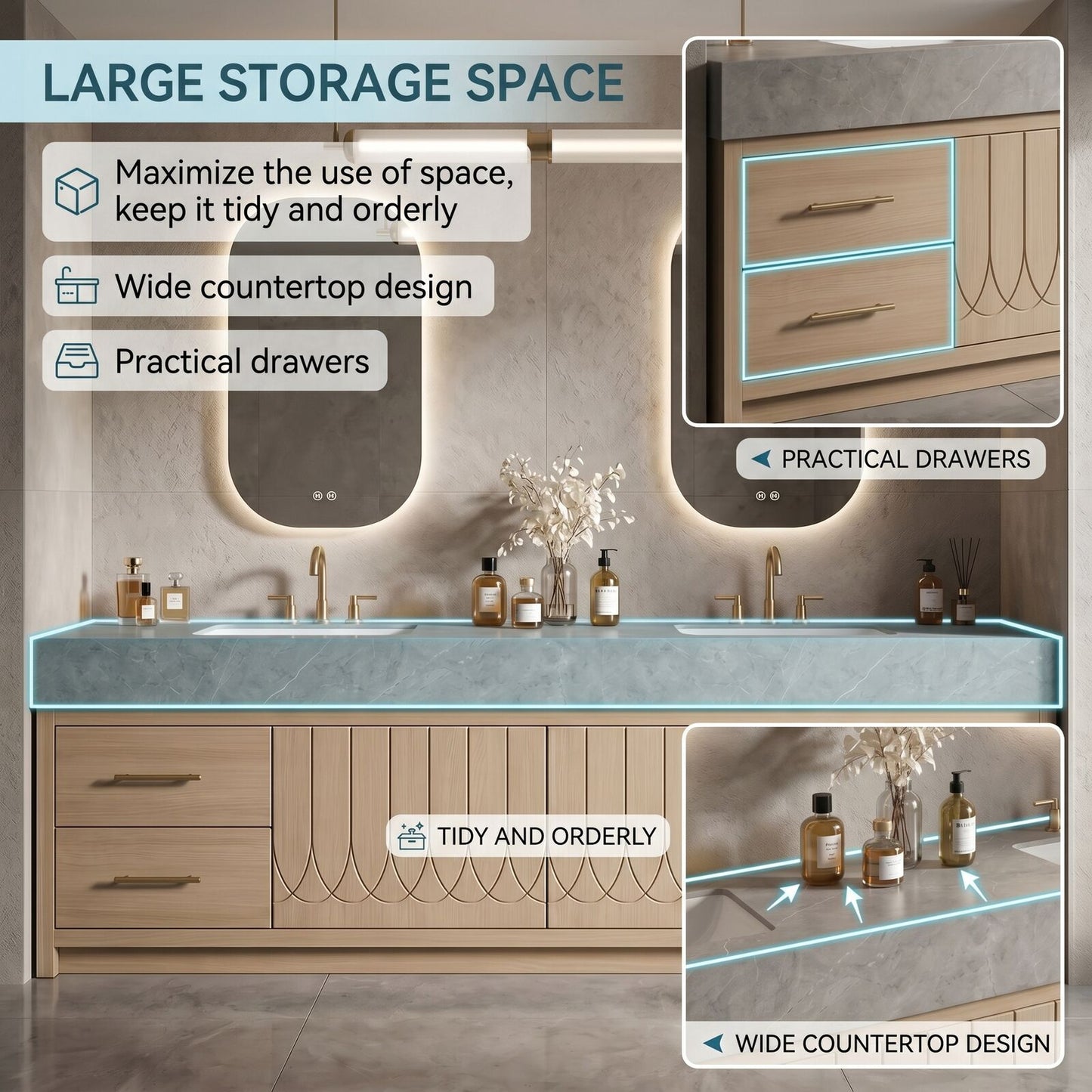 60''-96'' Elegant Bathroom Vanity with Sink Double Sink Wood Grain Stone Pattern Curved Doors