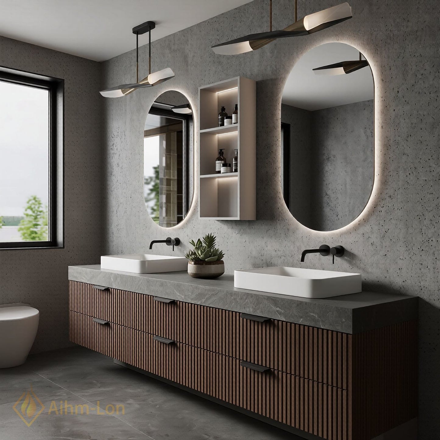60''-96'' Double Bathroom Vanity with Sink Modern Open-Shelving Vertical Slat Paneling Dark