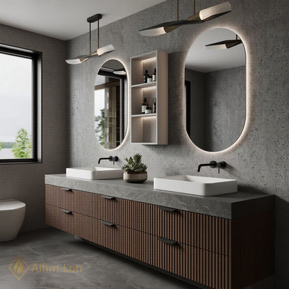 60''-96'' Double Bathroom Vanity with Sink Modern Open-Shelving Vertical Slat Paneling Dark