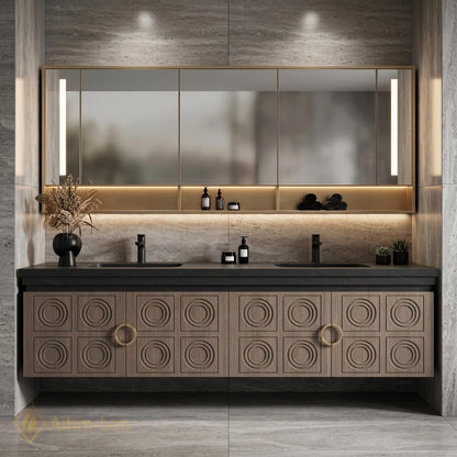 60''-96'' Double Bathroom Vanity with Sink Floating Geometric Relief Panels Shelf Storage