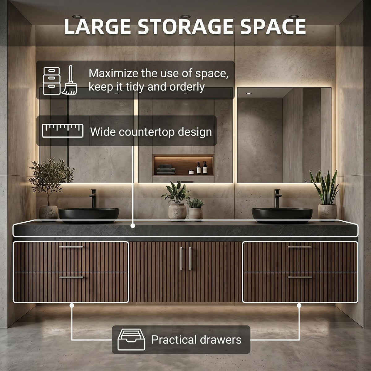 60''-96'' Double Bathroom Vanity with Sink Modern Floating Dark Stone Top Vertical Slats