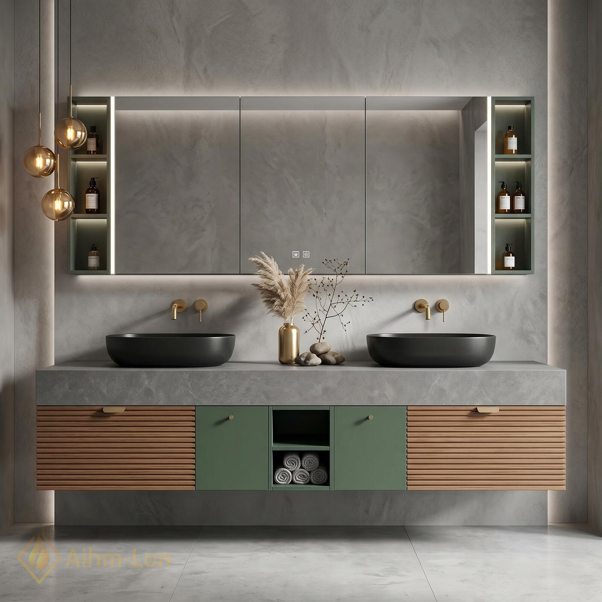 60''-96'' Bathroom Vanity with Sink Modern Floating Green Slatted Finish Stone-Like Top