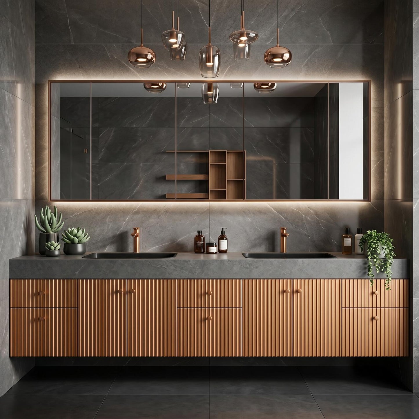 78''-96'' Floating Bathroom Vanity with Sink Double Sink Fluted Copper Finish Mirror Cabinet