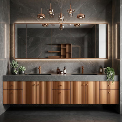 78''-96'' Floating Bathroom Vanity with Sink Double Sink Fluted Copper Finish Mirror Cabinet