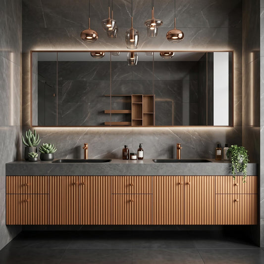 78''-96'' Floating Bathroom Vanity with Sink Double Sink Fluted Copper Finish Mirror Cabinet