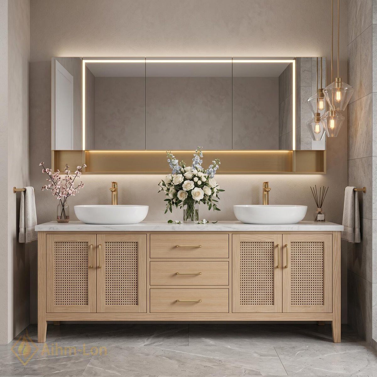 60''-96'' Double Bathroom Vanity with Sink Rattan Fronts Light Oak Frame Storage