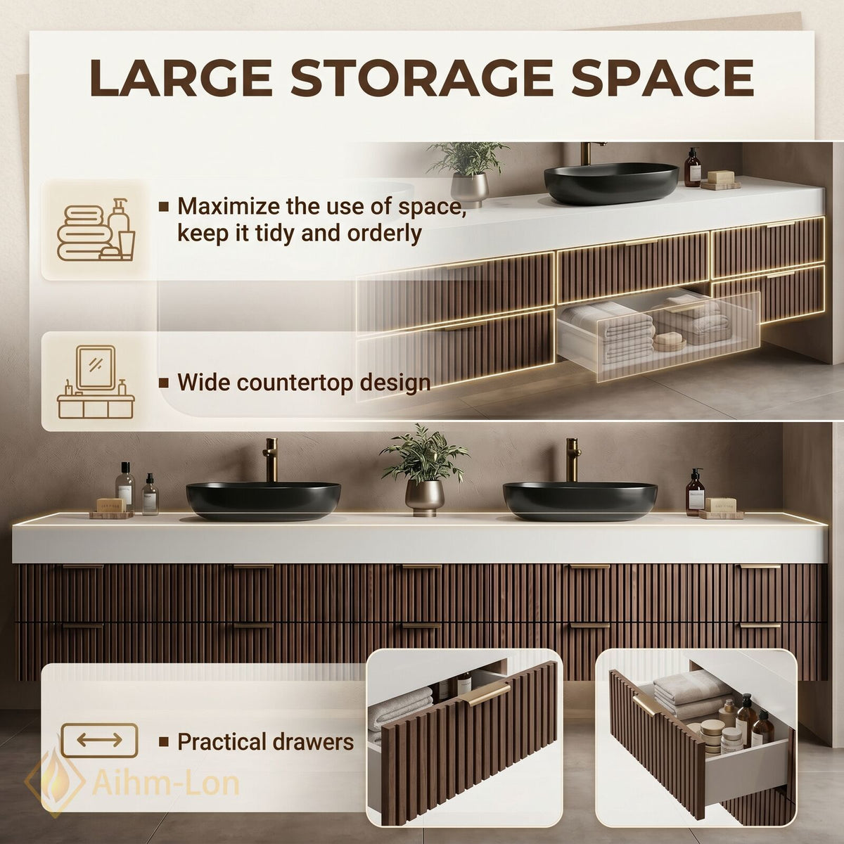 76''-96'' Double Bathroom Vanity with Sink Black Vessel Sinks Slatted Walnut Drawers