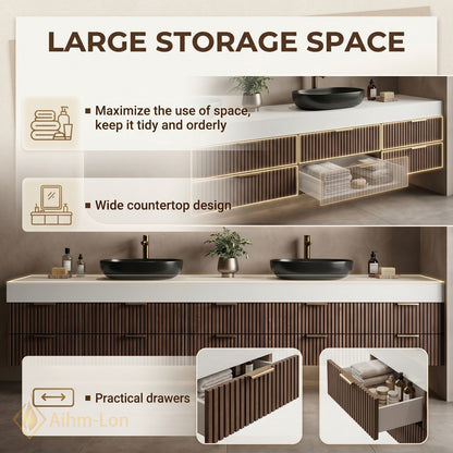 76''-96'' Double Bathroom Vanity with Sink Black Vessel Sinks Slatted Walnut Drawers