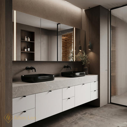 72''-96'' Double Bathroom Vanity with Sink White Modern Floating Stone-Top Drawers