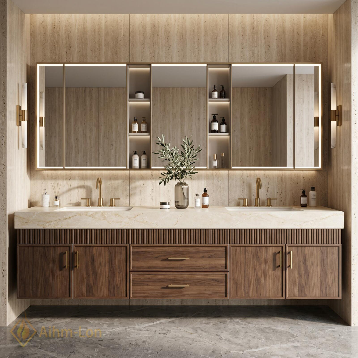 60''-96'' Double Bathroom Vanity with Sink Fluted Front Paneling Warm Wood Spacious Finish