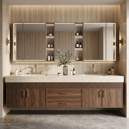 60''-96'' Double Bathroom Vanity with Sink Fluted Front Paneling Warm Wood Spacious Finish