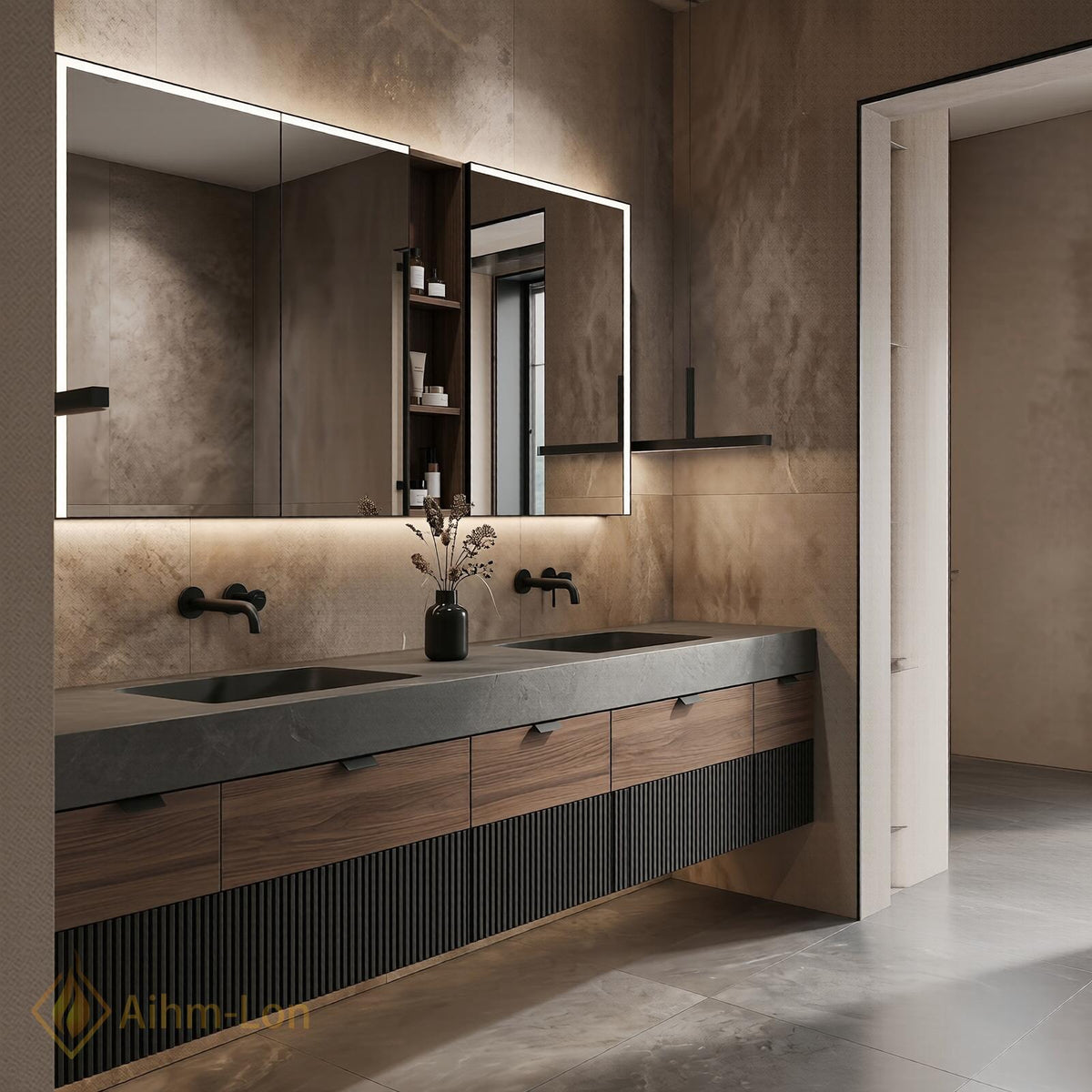 60''-96'' Double Bathroom Vanity with Sink Ribbed Drawers Stone Look Top Shelving