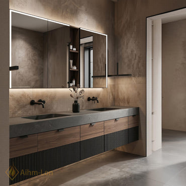 60''-96'' Double Bathroom Vanity with Sink Ribbed Drawers Stone Look Top Shelving