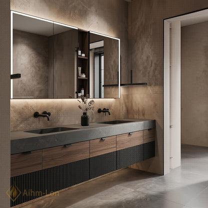 60''-96'' Double Bathroom Vanity with Sink Ribbed Drawers Stone Look Top Shelving