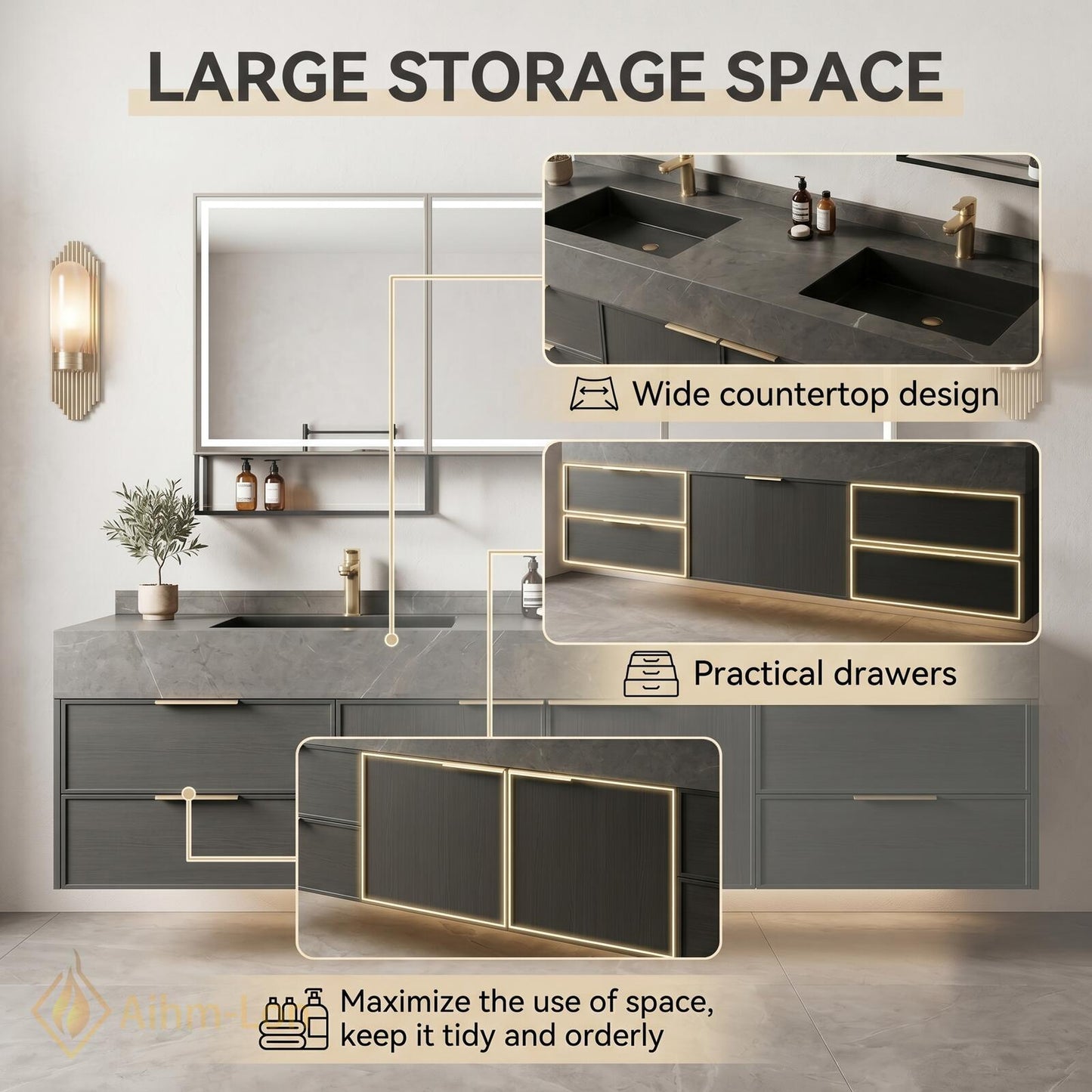 60''-96'' Double Bathroom Vanity with Sink Floating Dark Stone Countertop Wood Grain