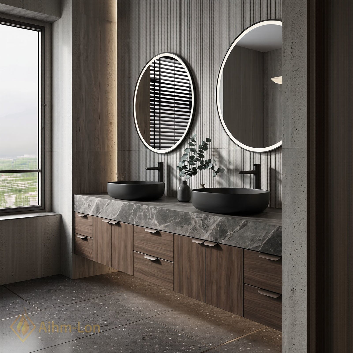 60''-96'' Double Bathroom Vanity with Sink Dark Grey Marble Slatted Doors Drawers