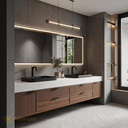 76''-96'' Double Bathroom Vanity with Sink Dark-Walnut Wood Modern Floating Basin