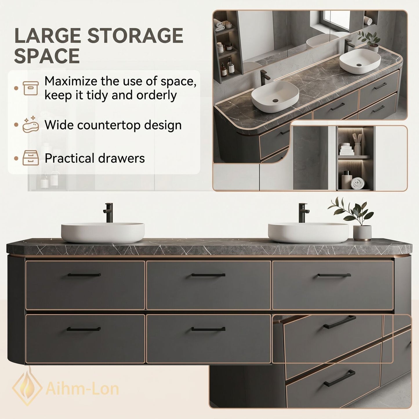 60''-96'' Floating Bathroom Vanity with Sink Wide Countertop Matte Grey Spacious Drawer