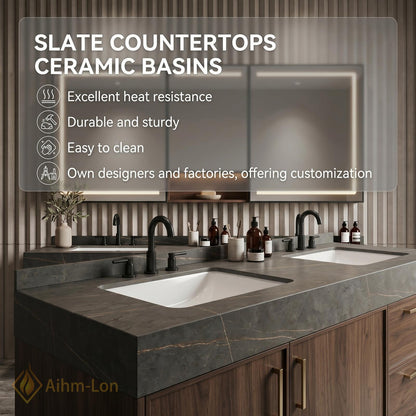 60''-96'' Double Bathroom Vanity with Sink Modern Floating Dark Stone Countertop Wood