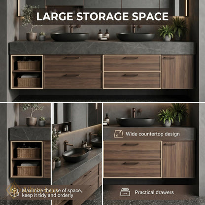 60''-96'' Double Bathroom Vanity with Sink Dark Walnut Finish Open Drawer Storage