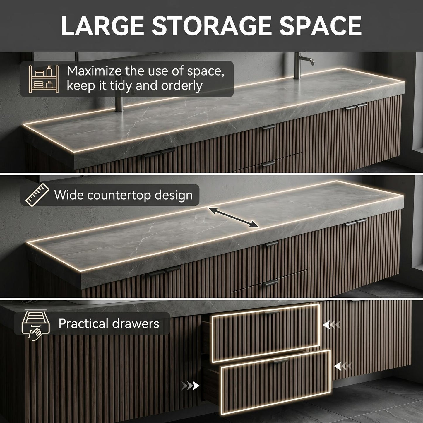 70''-96'' Modern Bathroom Vanity with Sink Dual Sinks Slatted Wood Dark Finish Mirror Cabinet