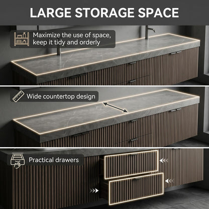 70''-96'' Modern Bathroom Vanity with Sink Dual Sinks Slatted Wood Dark Finish Mirror Cabinet