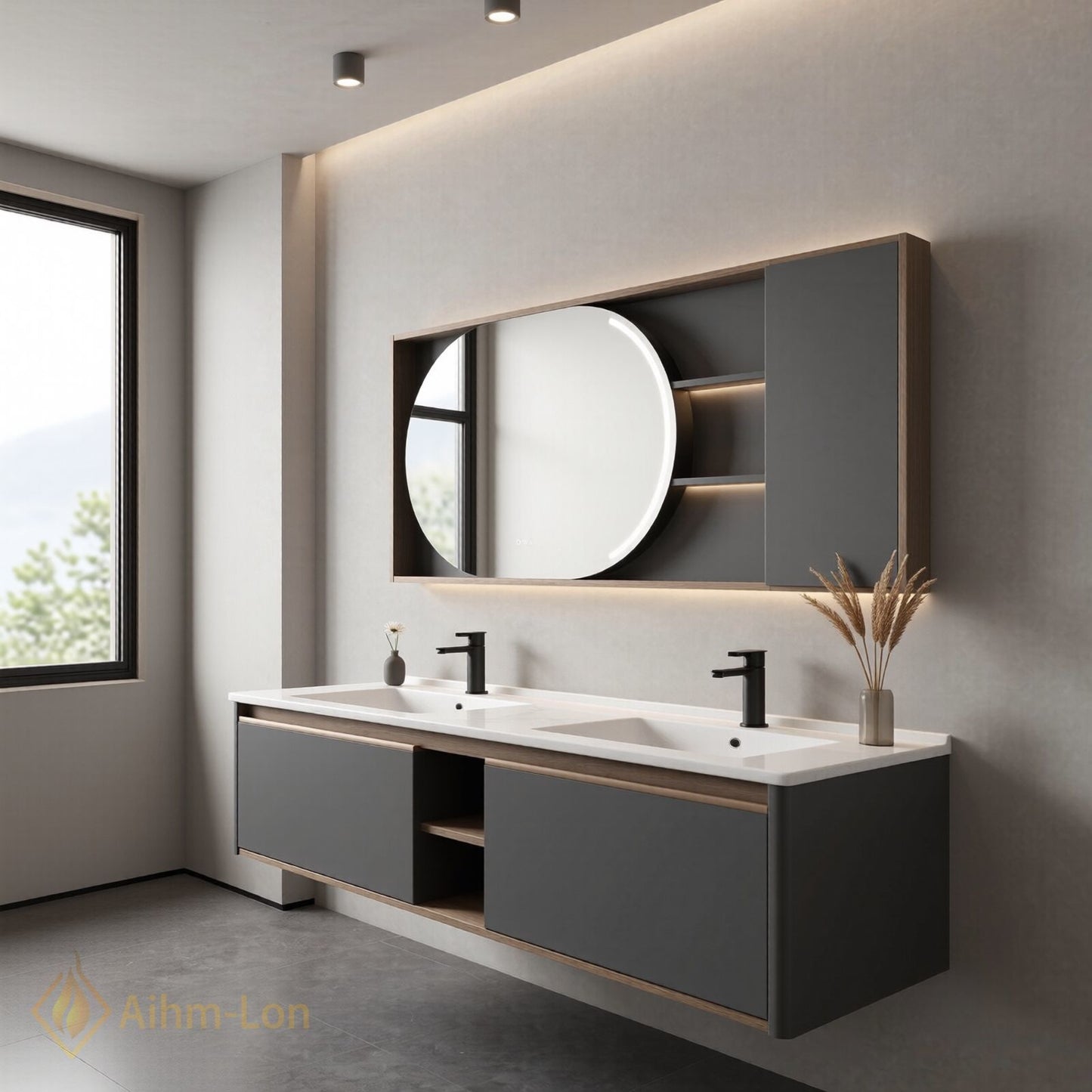 60''-96'' Floating Bathroom Vanity with Sink Dual Integrated Basins Grey Doors Oval Mirror Cabinet