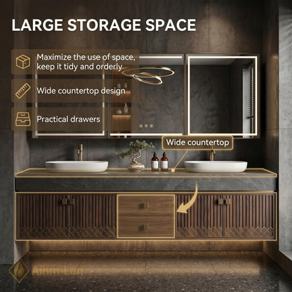 60''-96'' Double Bathroom Vanity with Sink Dark Walnut Slatted Center Panel Floating