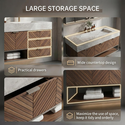 60''-96'' Double Bathroom Vanity with Sink Modern Floating Herringbone Wood Marble Texture