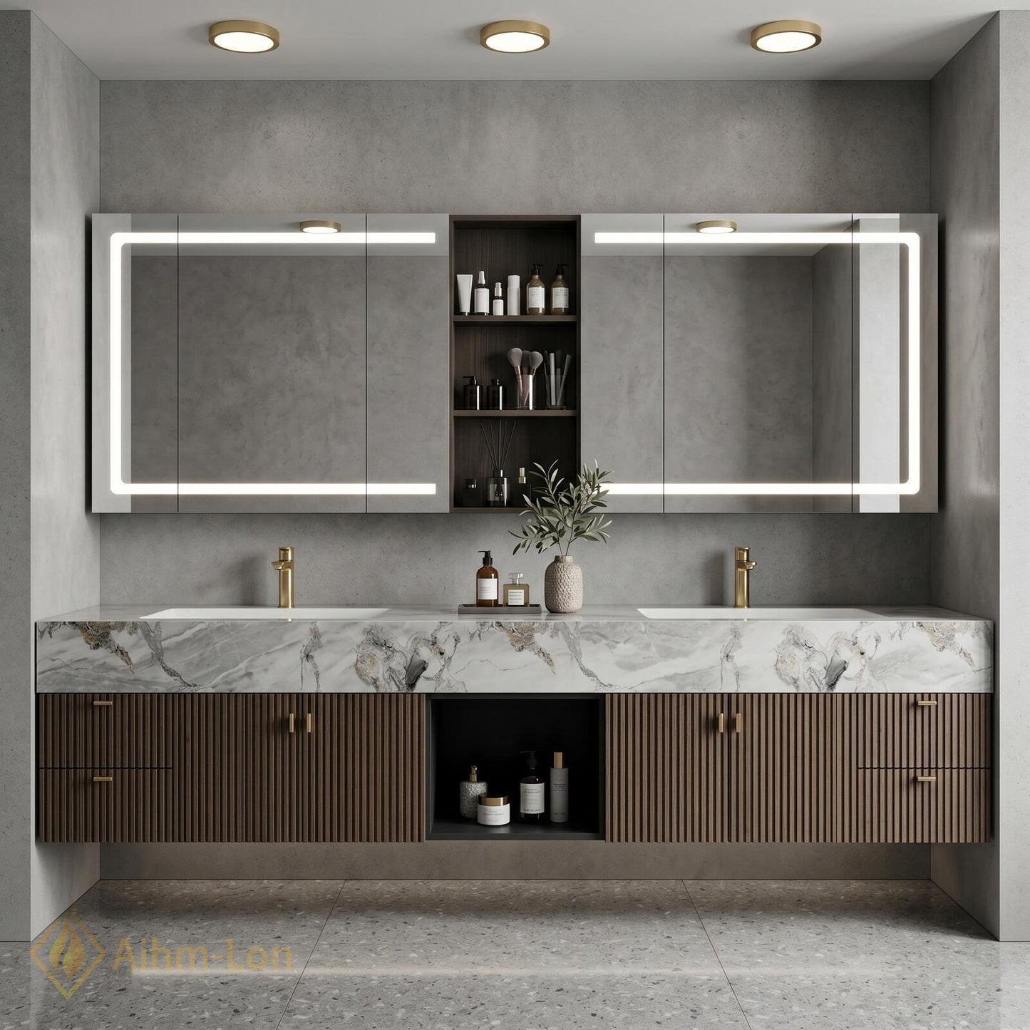 70''-96'' Bathroom Vanity with Sink Modern Floating White Marble Pattern Top Slatted
