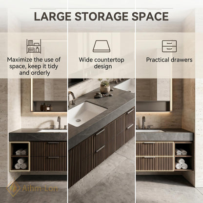 78''-96'' Bathroom Vanity with Sink Floating Vanity Walnut Finish Slatted Front Dark