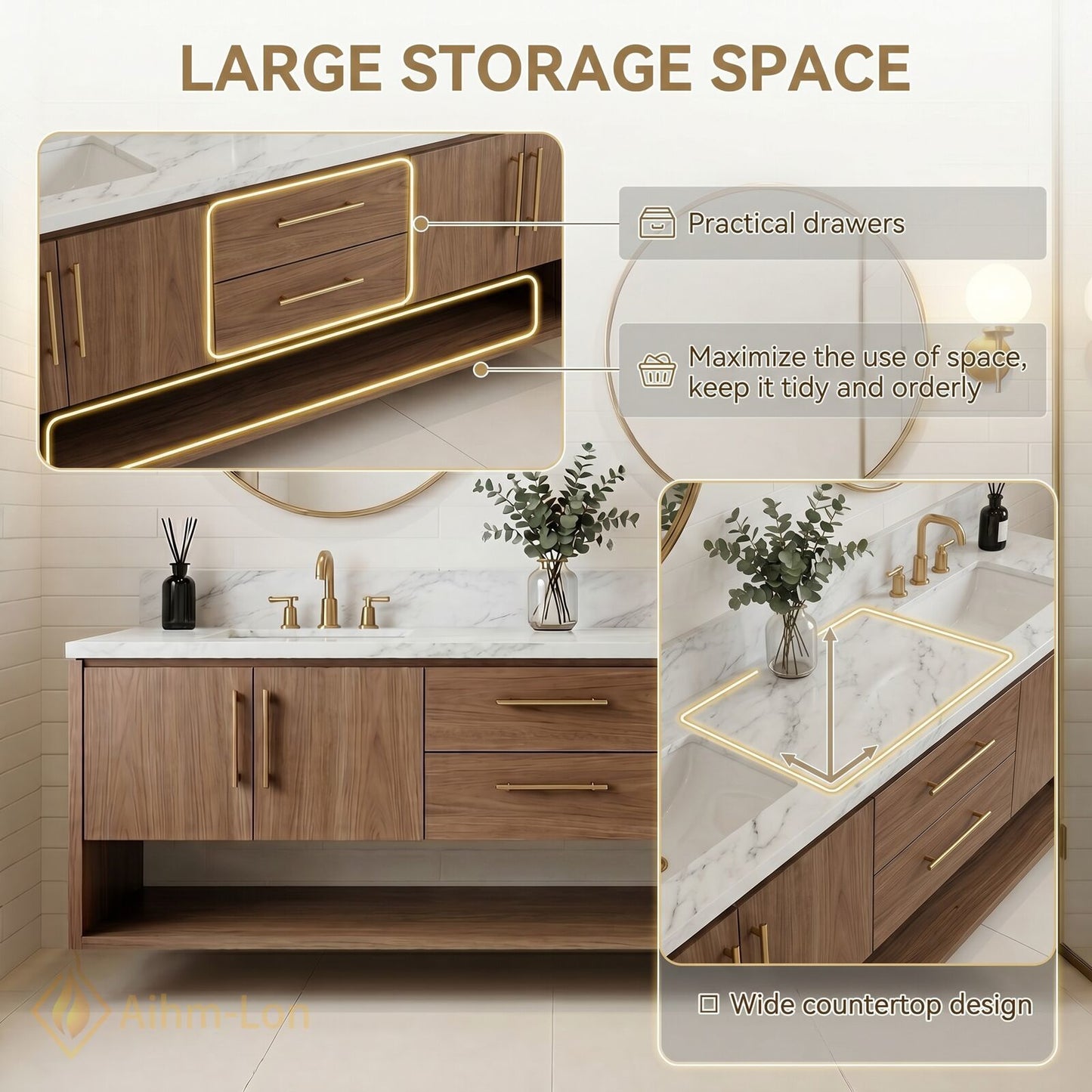 60''-96'' Double Bathroom Vanity with Sink Wood Grain Marble Pattern Dual Open Shelves Cabinet