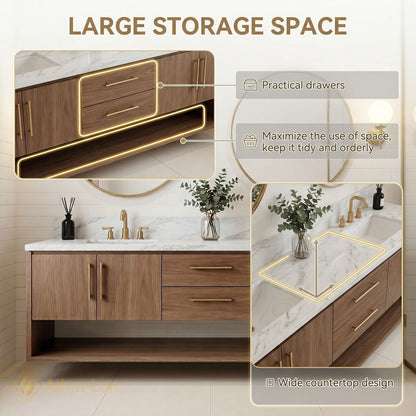 60''-96'' Double Bathroom Vanity with Sink Wood Grain Marble Pattern Dual Open Shelves Cabinet