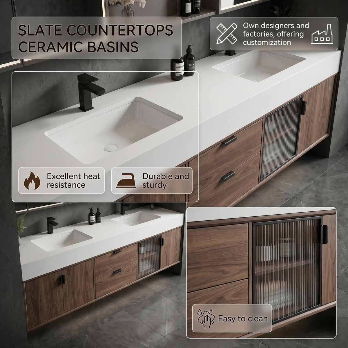 60''-96'' Double Bathroom Vanity with Sink Modern Floating Dark Walnut Glass Door Cabinet