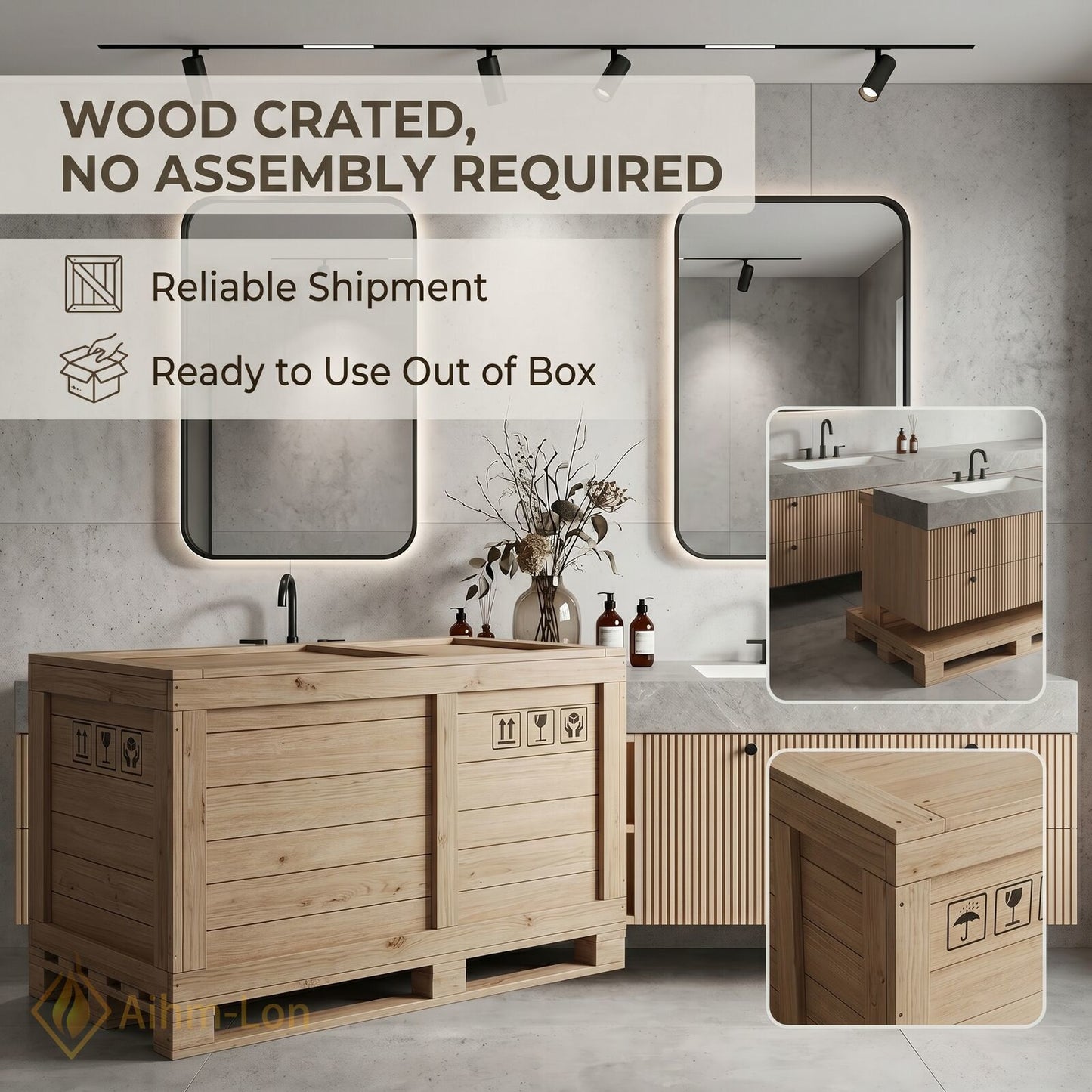 76''-96'' Double Bathroom Vanity with Sink Grey Floating Modern Stone-Top Vanities Slat