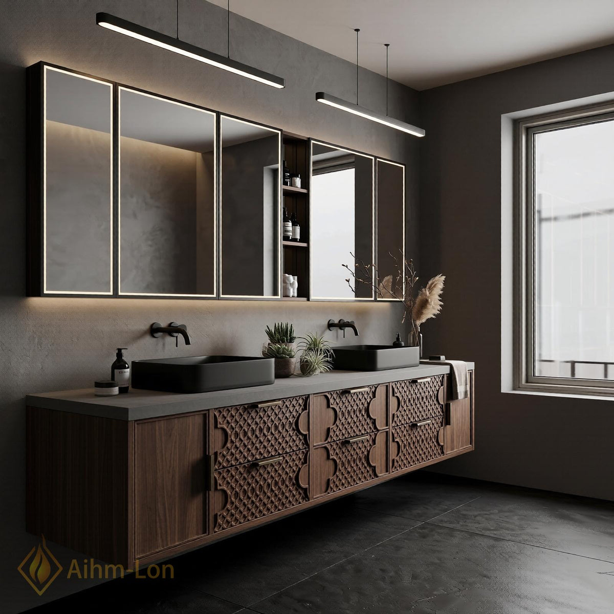 60''-96'' Double Bathroom Vanity with Sink Carved Lattice Drawers Dark Wood Wide Storage