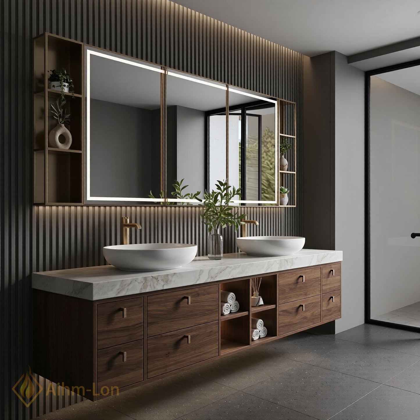 70''-96'' Bathroom Vanity with Sink Modern Floating Marble Top Warm Walnut Finish