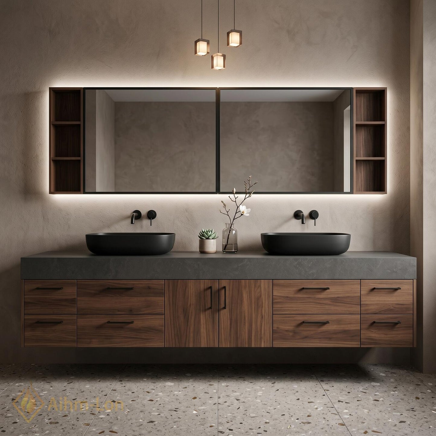 72''-96'' Double Bathroom Vanity with Sink Dark-Walnut Modern Floating Open Drawer
