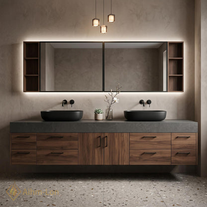 72''-96'' Double Bathroom Vanity with Sink Dark-Walnut Modern Floating Open Drawer