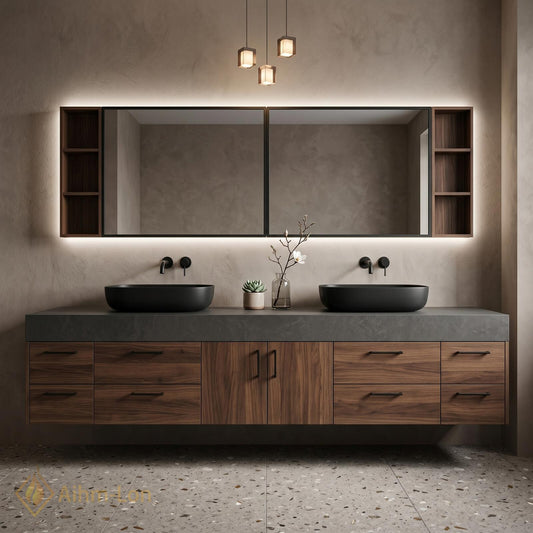 72''-96'' Double Bathroom Vanity with Sink Dark-Walnut Modern Floating Open Drawer