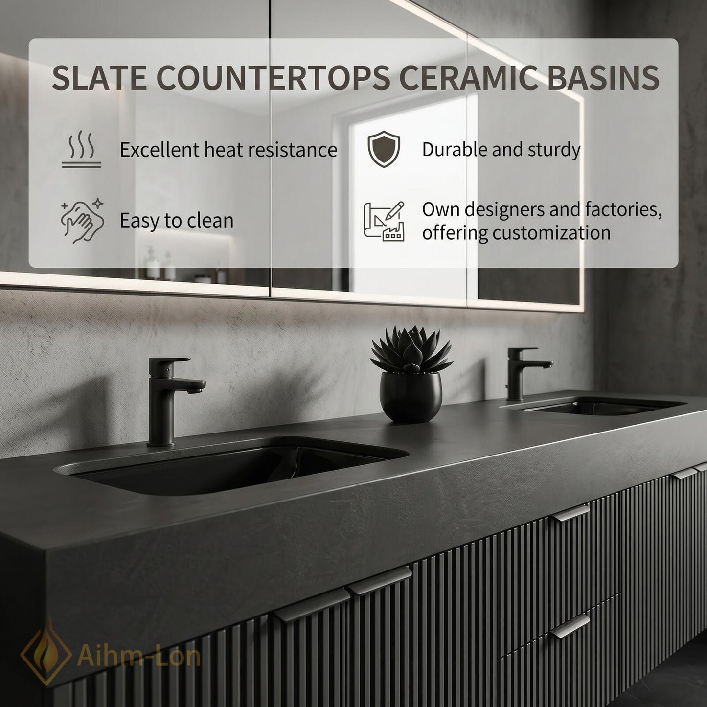 60''-96'' Double Bathroom Vanity with Sink Modern Floating Fluted Panel Matte Charcoal