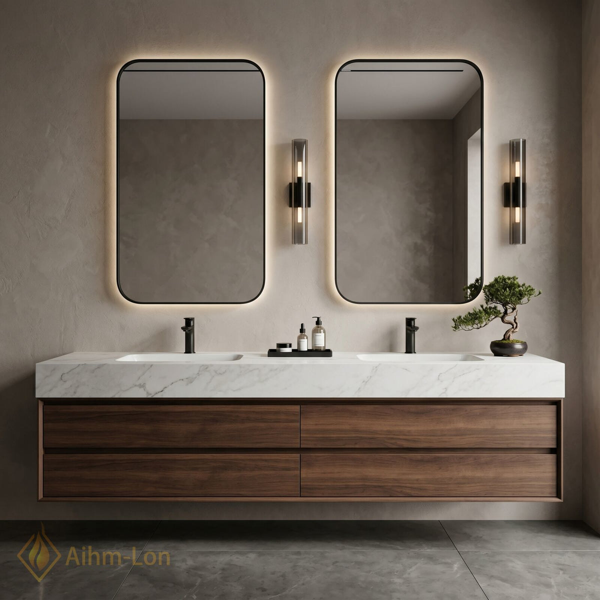 60''-96'' Double Bathroom Vanity with Sink Dark Walnut Slatted Panel Drawers