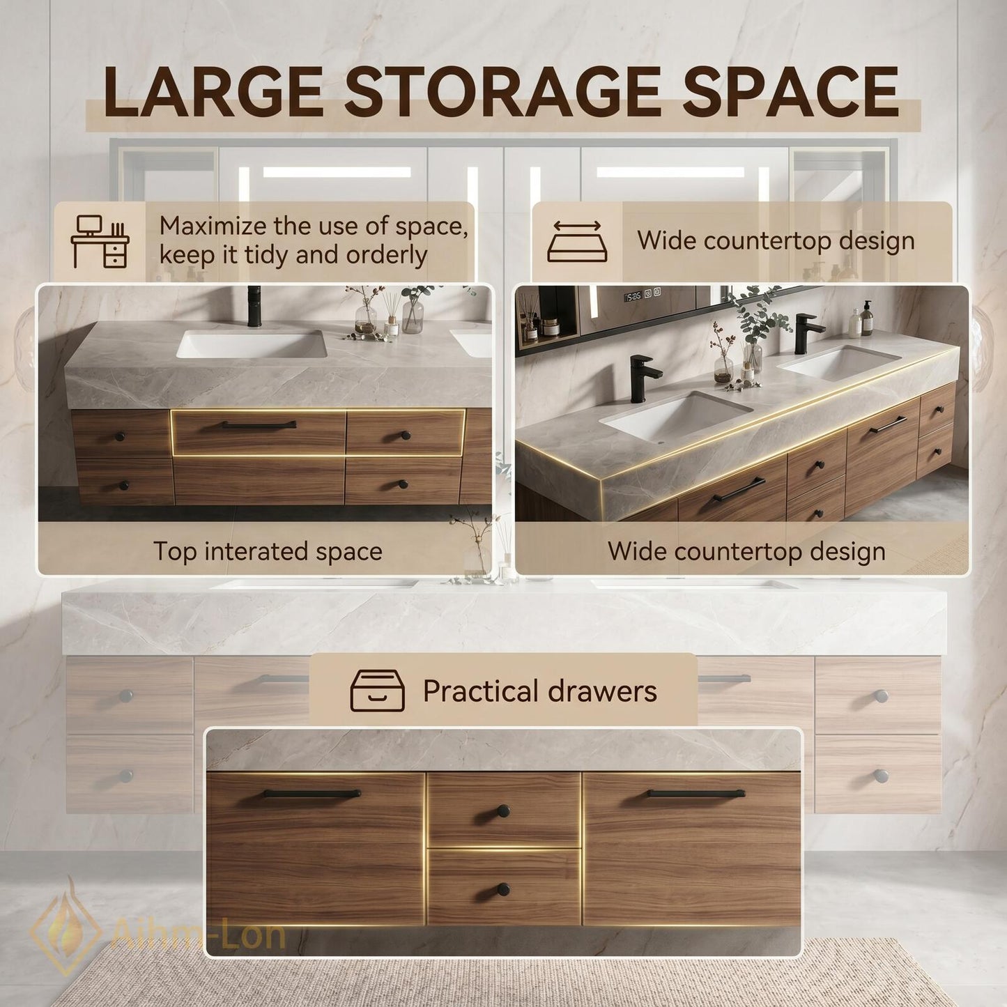 72''-96'' Double Bathroom Vanity with Sink Wood Modern Floating Grain Drawers Mirror