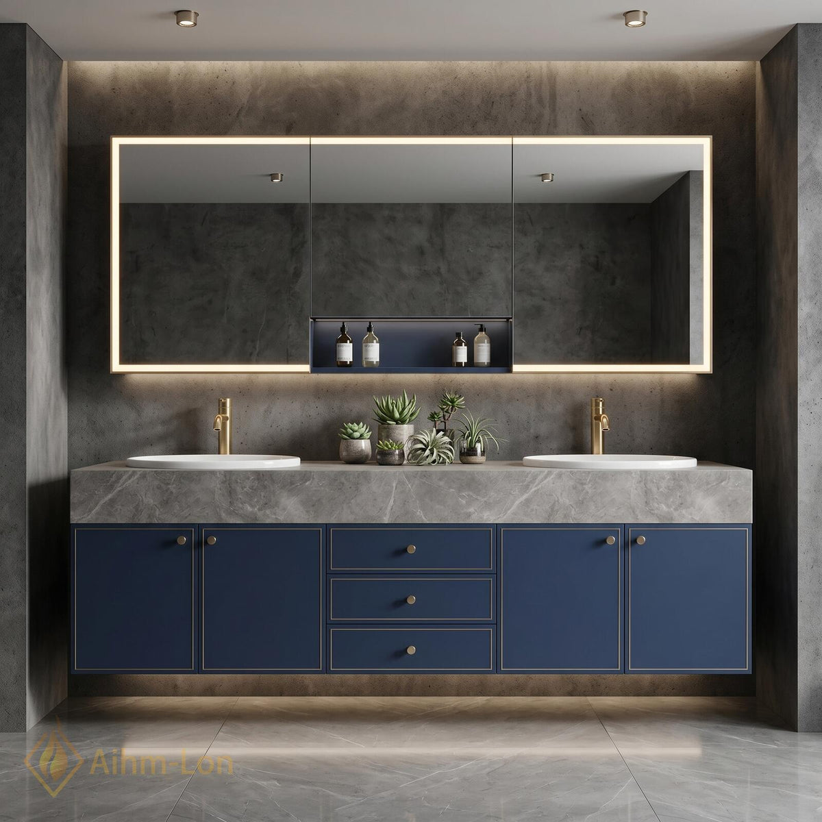 60''-96'' Double Bathroom Vanity with Sink Modern Floating Dark Blue Painted Finish